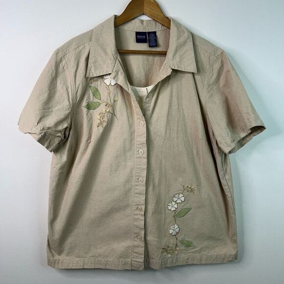 Basic Editions Beige Floral Embroidered 100% Cotton Retro Shirt Women's 2X - Picture 1 of 9